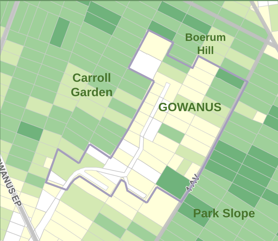 Gowanus context map showing surrounding neighborhoods and block-level canopy pattern