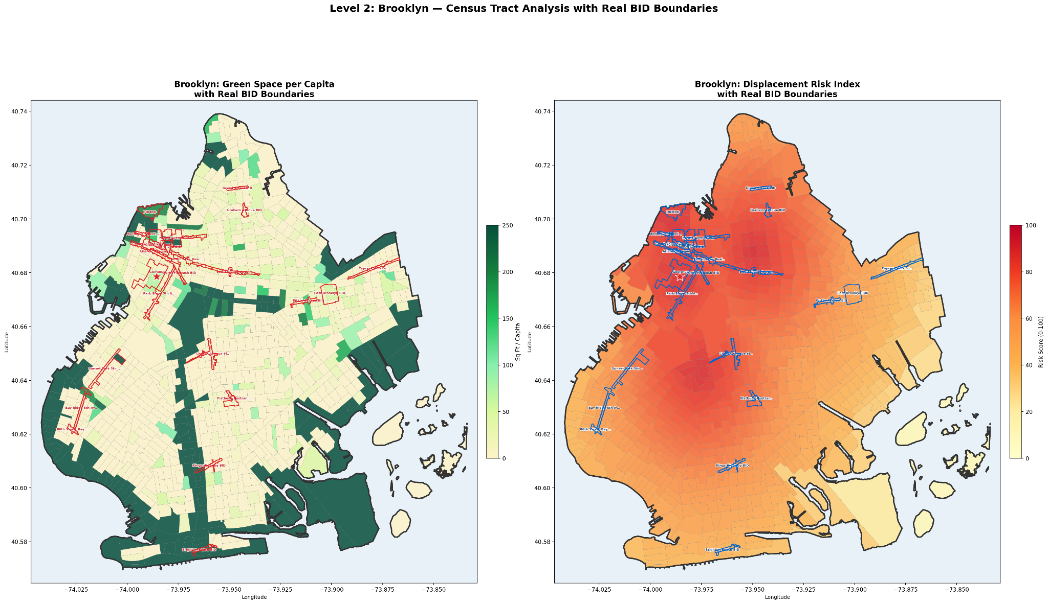 Brooklyn green space per capita and displacement risk comparison