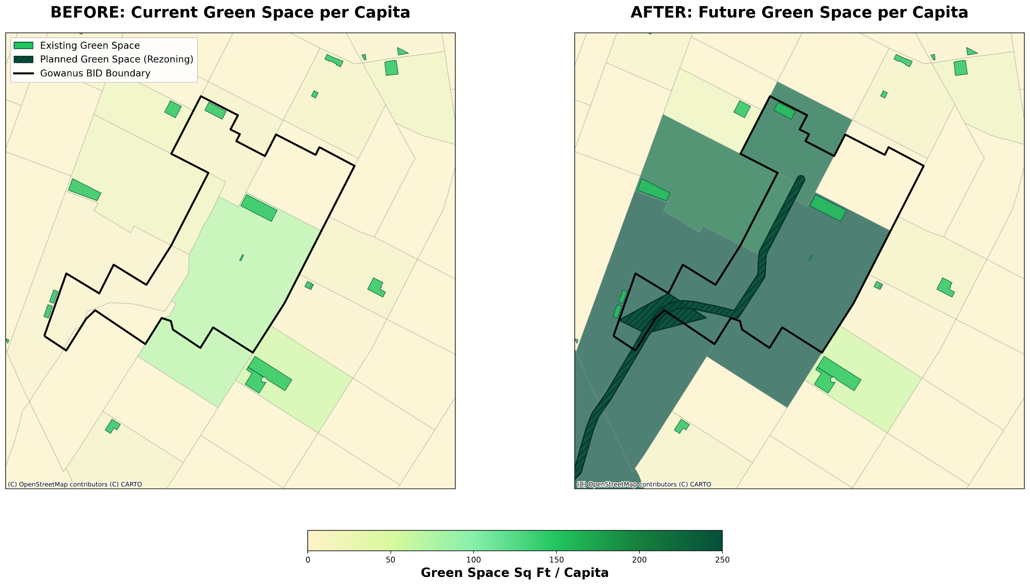 Before and after current and future green space per capita in Gowanus